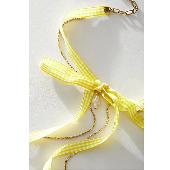 Free People Sitting Pretty Bow Choker Necklace in Yellow Gingham Picnic Spring - Picture 4 of 10